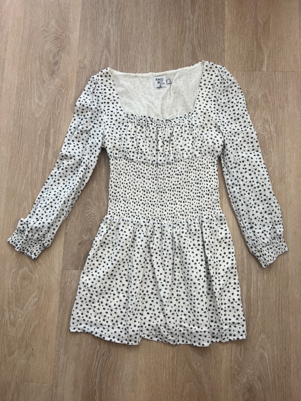 Princess Polly White Long Sleeve Smocked Mini Dress with navy spark Print